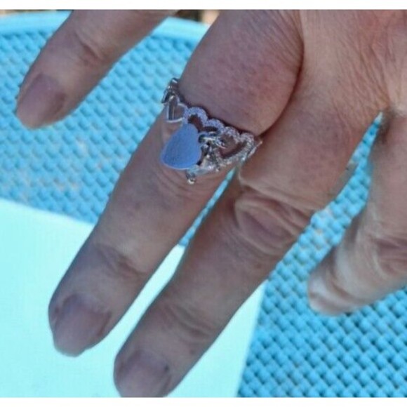 Silver Double Dangle Heart Adjustable Rhinestone Ring - Picture 4 of 6